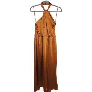 Undress Paula Tawny Brown Cocktail‎ Midi Dress Womens Large Satin Halter Twist